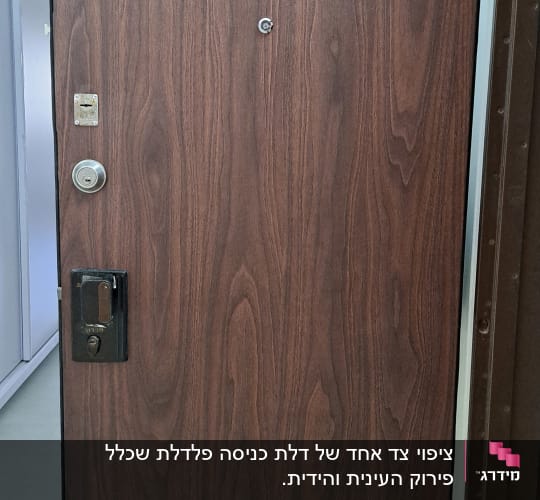 דלת עץ עם ציפוי דמוי עץ, מנעול ובריחים